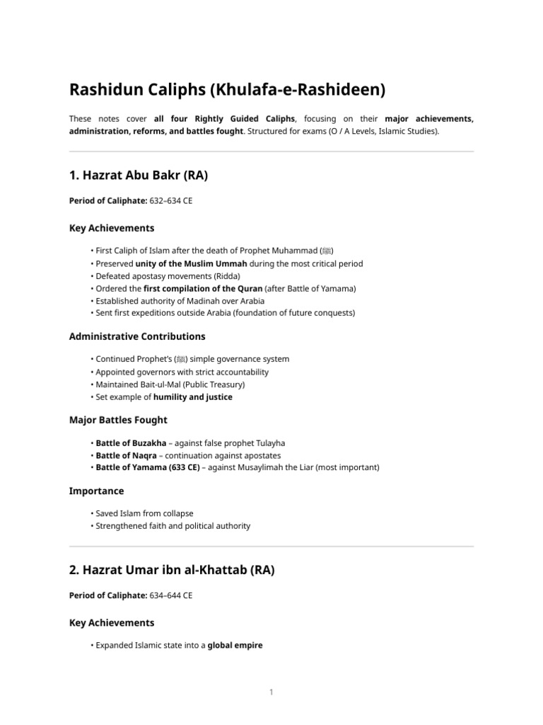 Achievements of Rashidun Caliphs | PDF | Muhammad | Caliphate