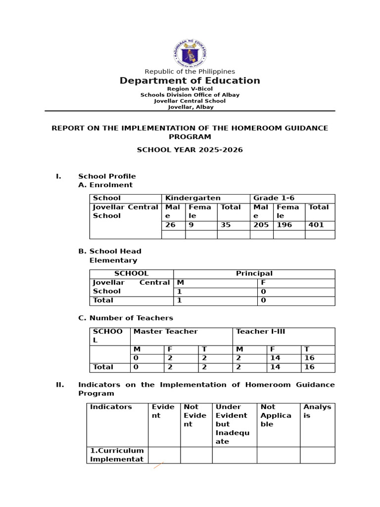Homeroom Guidance Program Report 2025-2026 | PDF | Learning | Teachers