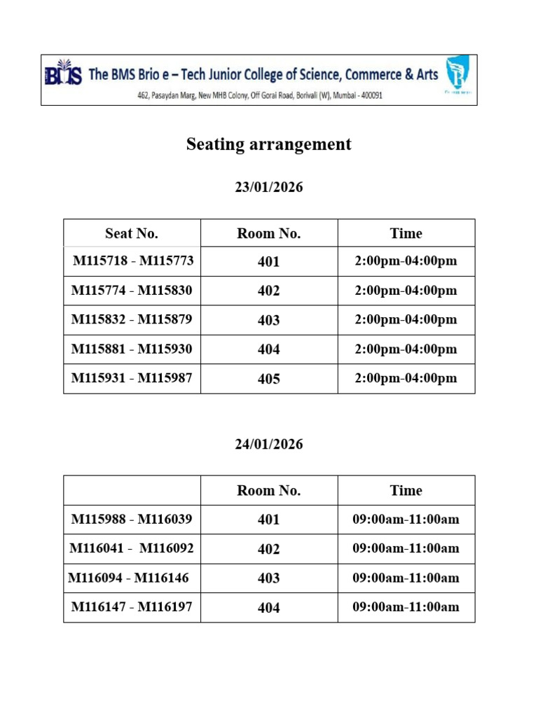 Seating Arrangement Schedule 2026 | PDF