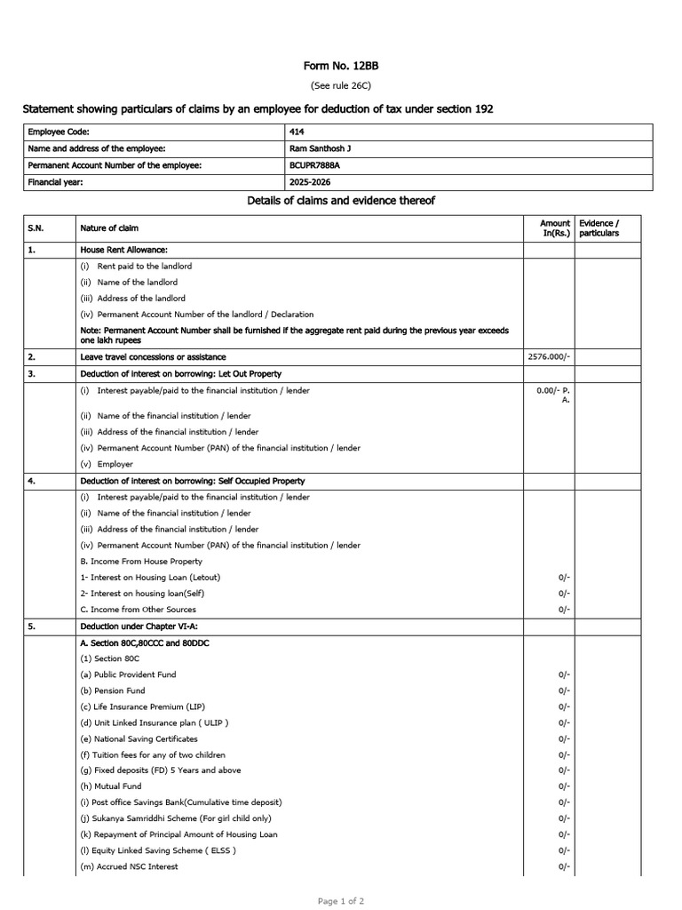Employee Tax Deduction Claims Form 12BB | PDF | Financial Services ...