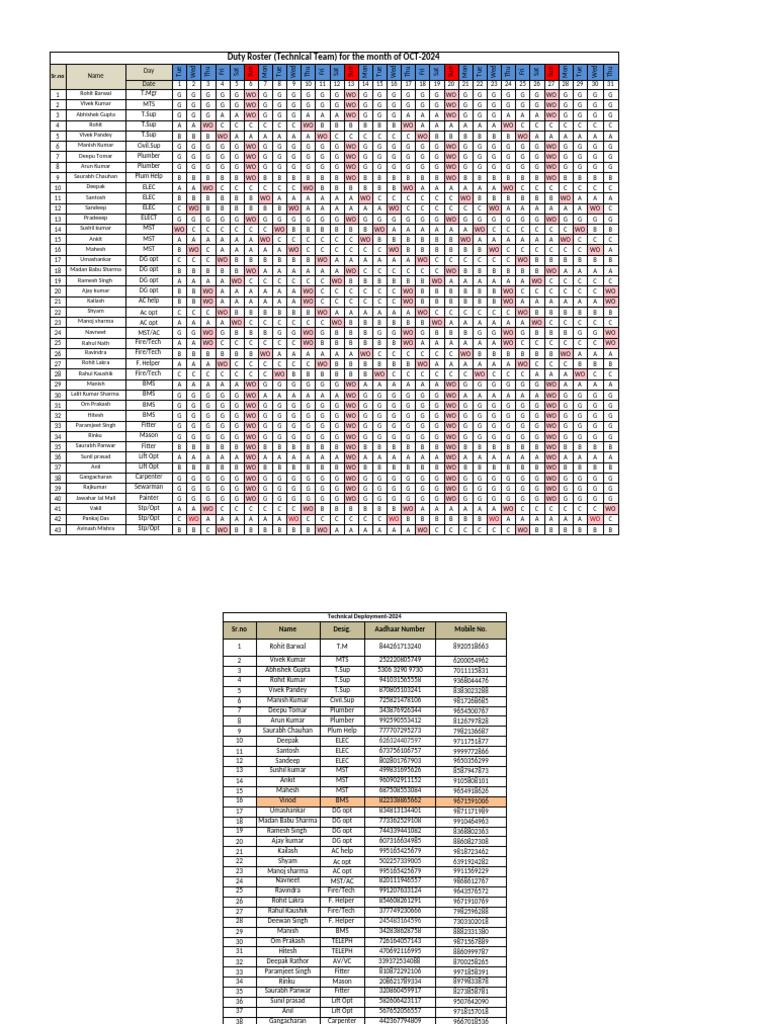 October 2024 Technical Team Duty Roster | PDF