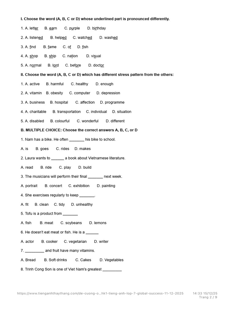 English Language Practice Test for Grade 7 | PDF | Vietnamese Cuisine ...
