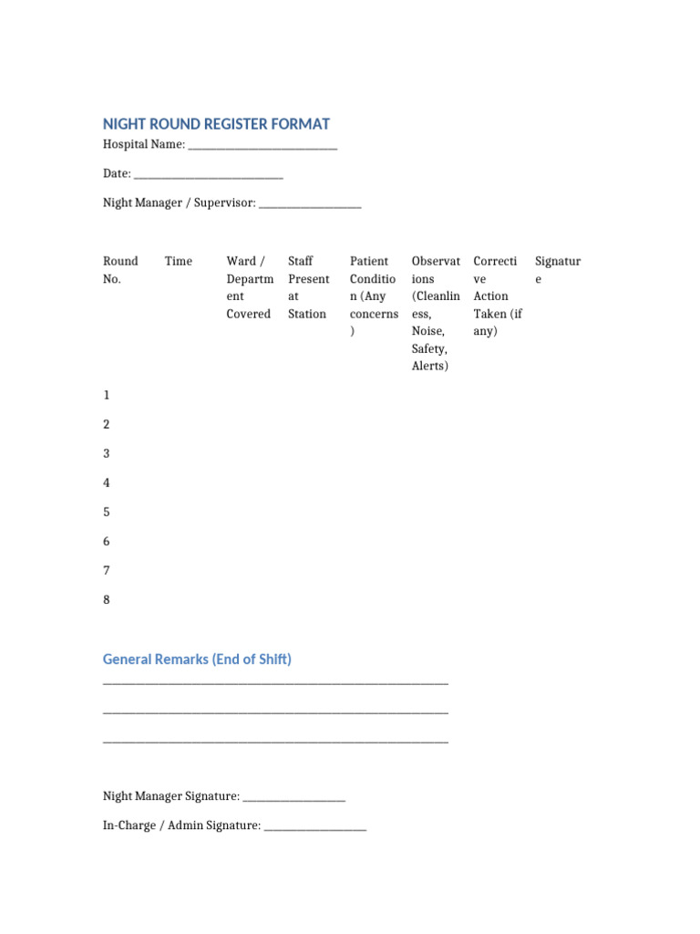 Night Round Register Template | PDF
