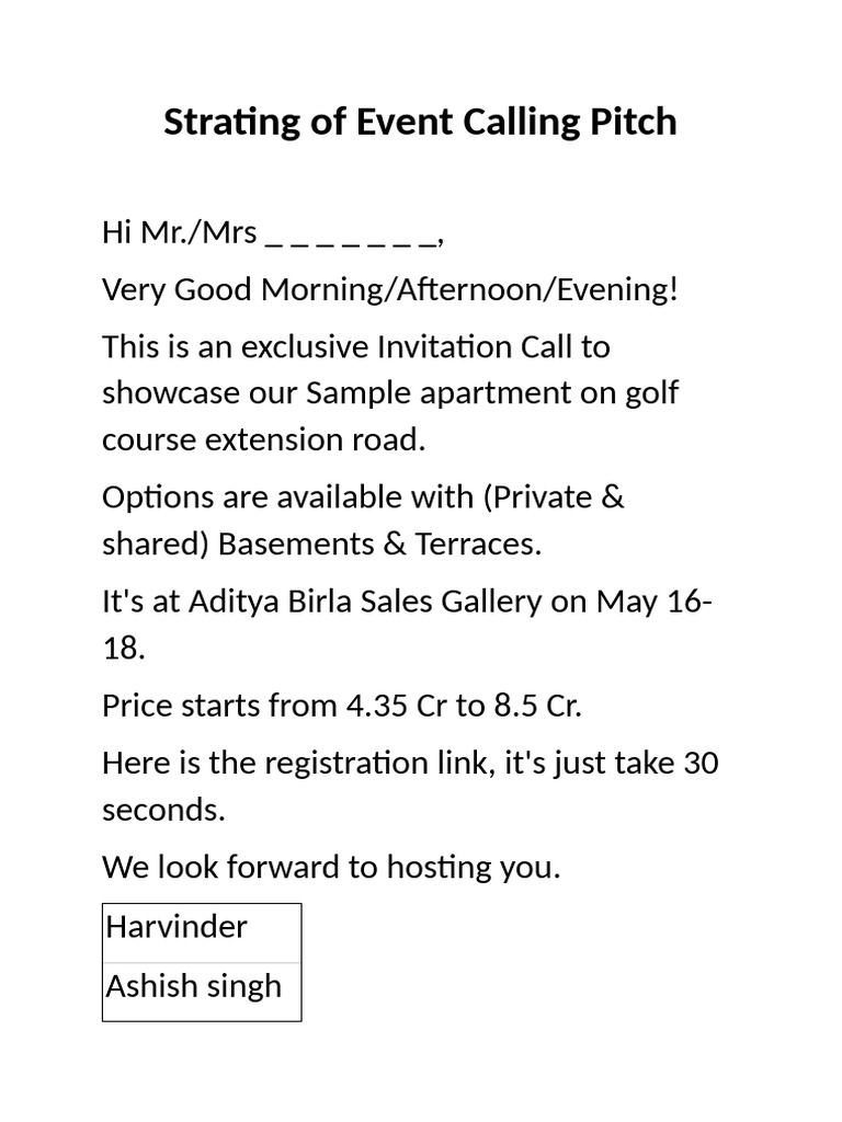 Strating of Event Calling Pitch | PDF