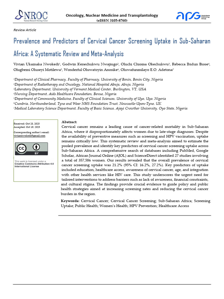 Prevalence and Predictors of Cervical Cancer Screening Uptake in Sub ...