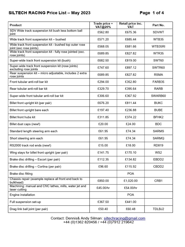 Siltech Racing Price List May 2023 | PDF | Brake | Car Body Styles
