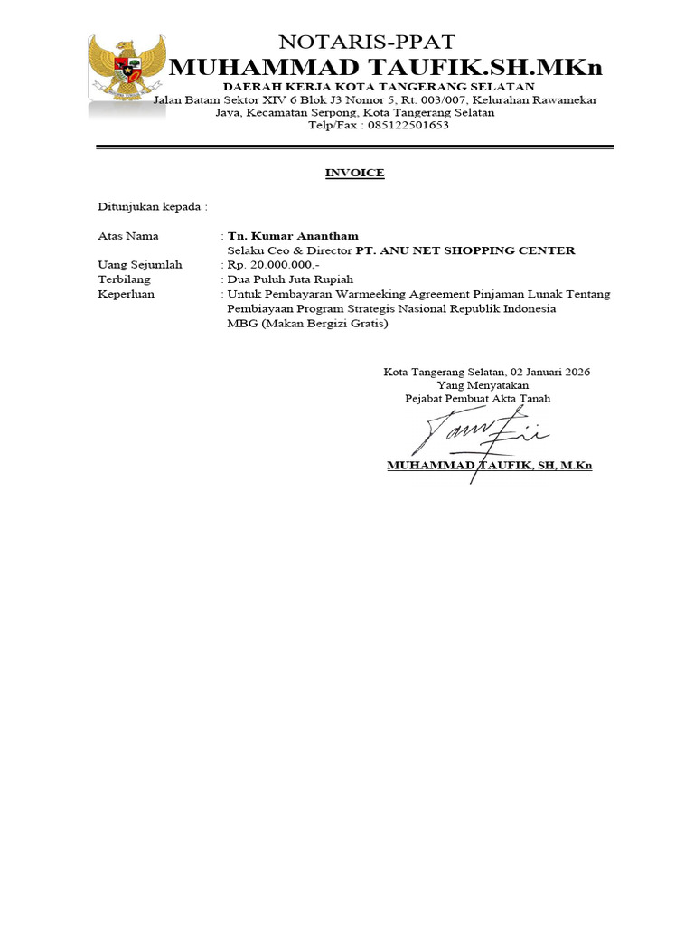 Invoice Pembayaran Pinjaman Lunak MBG | PDF