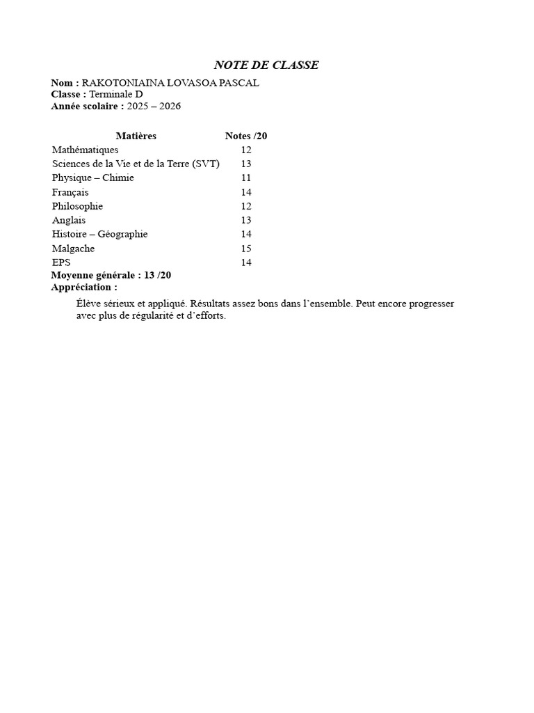 Notes et appréciation de RAKOTONIAINA | PDF