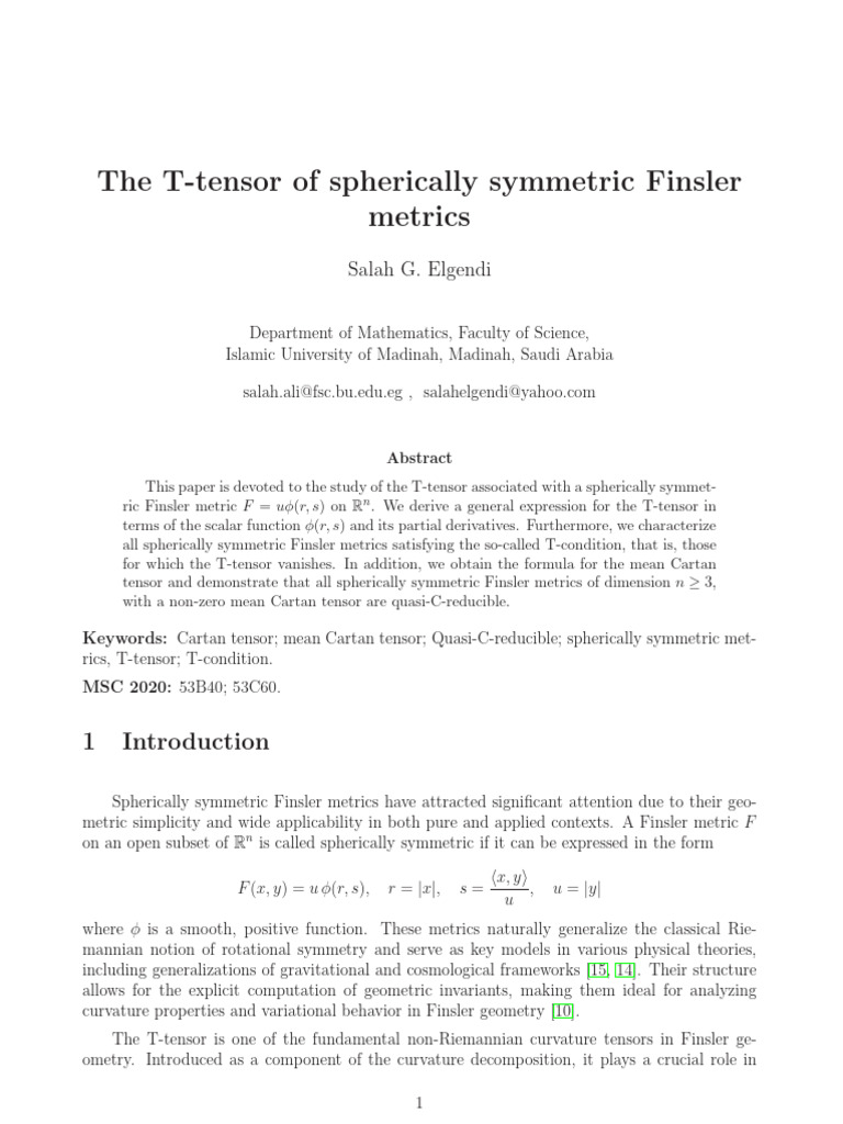 T-tensor in Spherically Symmetric Finsler Metrics | PDF | Geometry ...