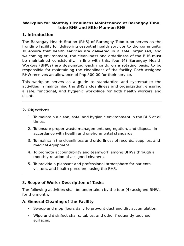 Monthly Cleanliness Plan for Barangay BHS | PDF | Hygiene | Health Care