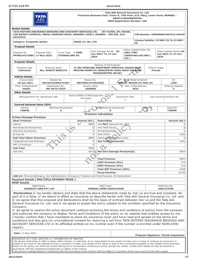 Tata AIG Motor Insurance Proposal Details | PDF | Insurance | Business Law