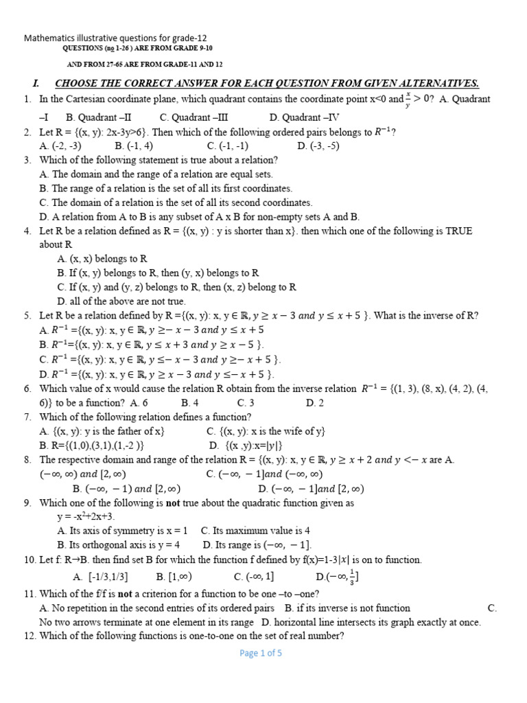 Grade 12 Mathematics Questions Guide | PDF | Cartesian Coordinate ...