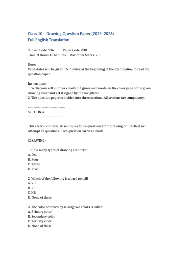 Class 10 Drawing Question Paper 2025-26 | PDF | Color | Drawing