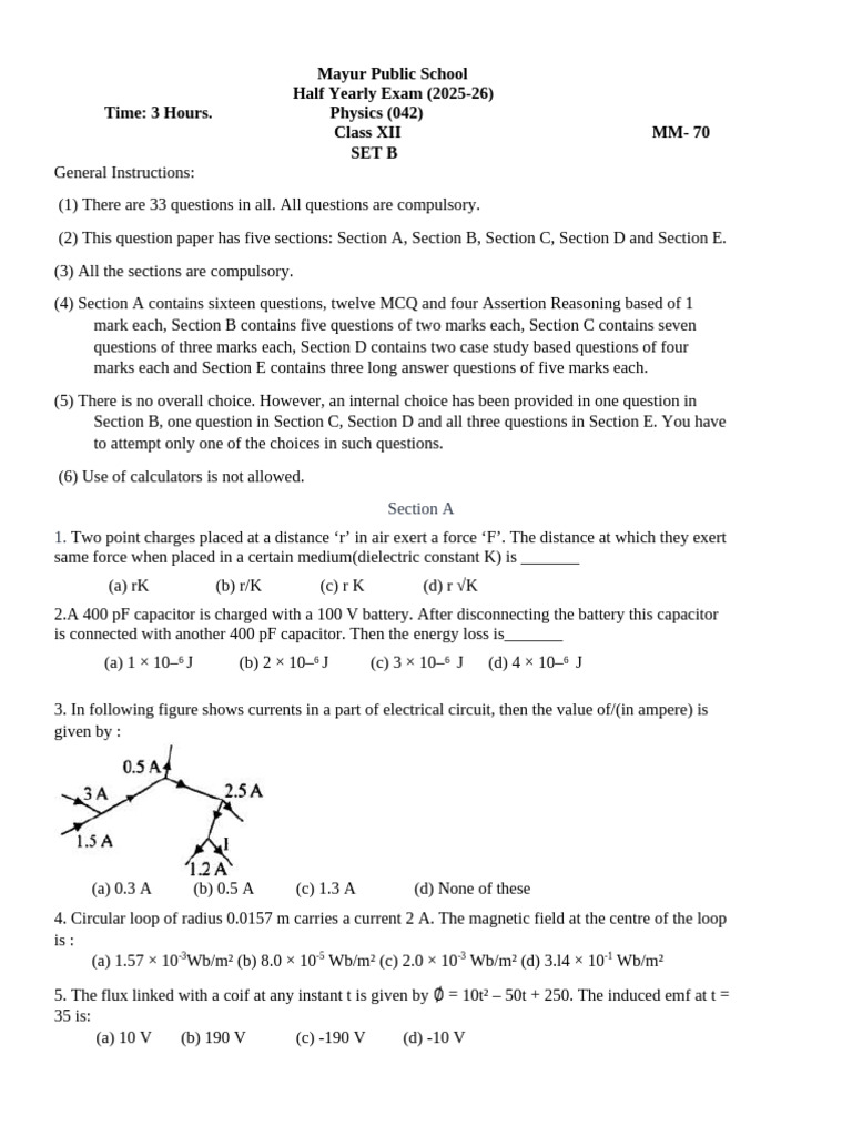 Class XII Physics Half Yearly Exam 2025-26 | PDF | Capacitor | Magnetic ...