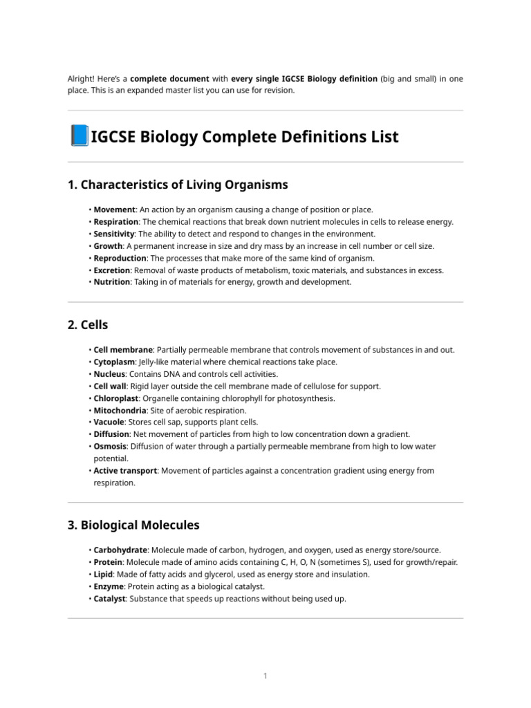Complete IGCSE Biology Definitions Guide | PDF | Cell (Biology) | Biology