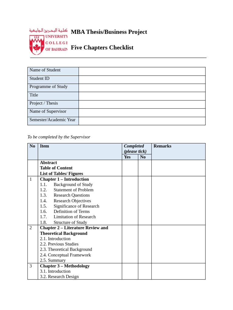 MBA Thesis Checklist Template | PDF