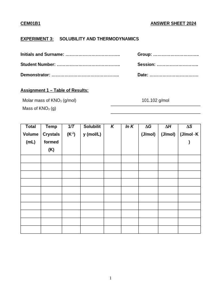 Solubility and Thermodynamics Lab Report | PDF | Chemical Equilibrium ...