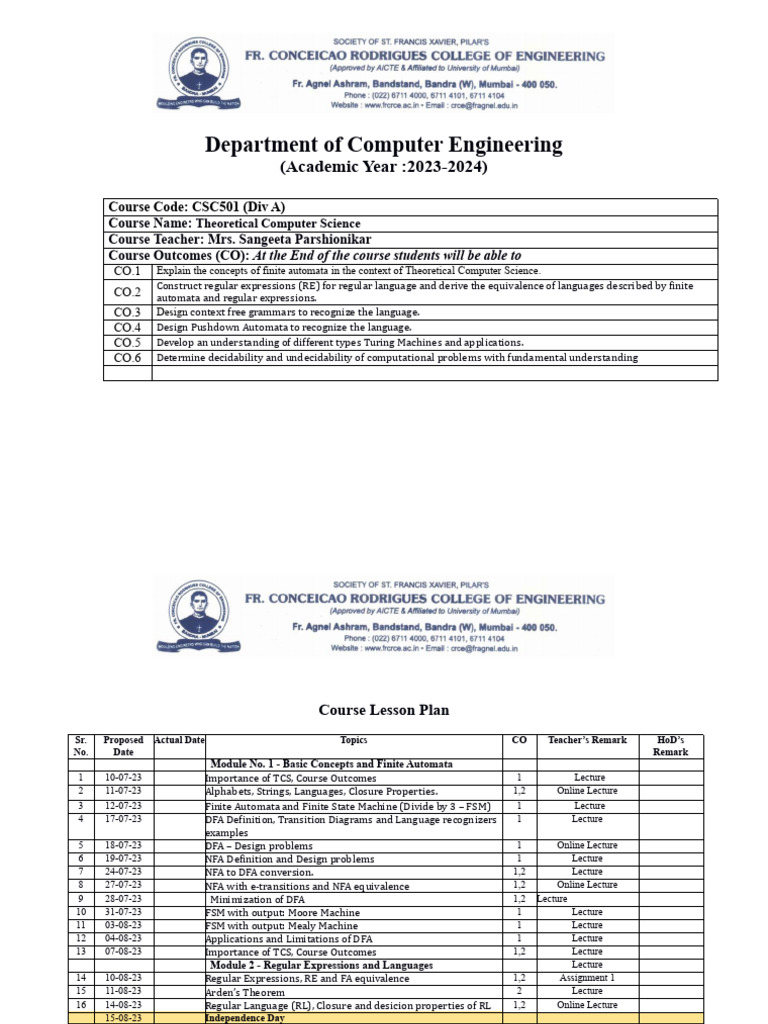 Sem_5_CSC501_Theoretical Computer Science_LessoPlan_23_24 Div A | PDF ...