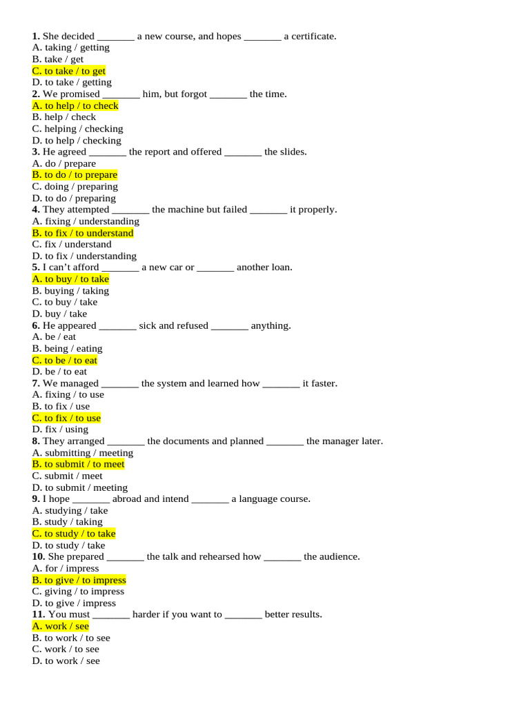 English Verb Patterns Quiz | PDF