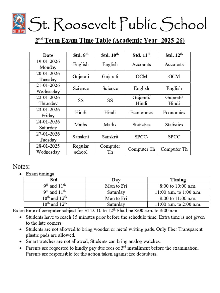 Std 9 to 12 Jan Exam Time Table | PDF
