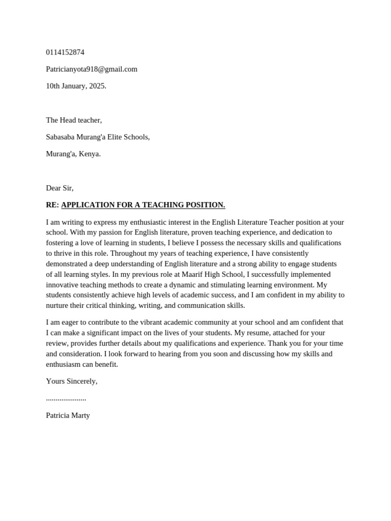 English Literature Teacher Application | PDF