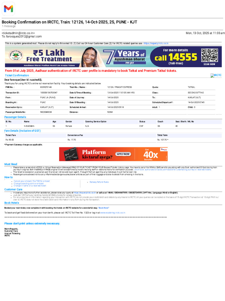 Nasreen Aapa Train_ 12126, 14-Oct-2025, 2S, PUNE - KJT | PDF | Service ...