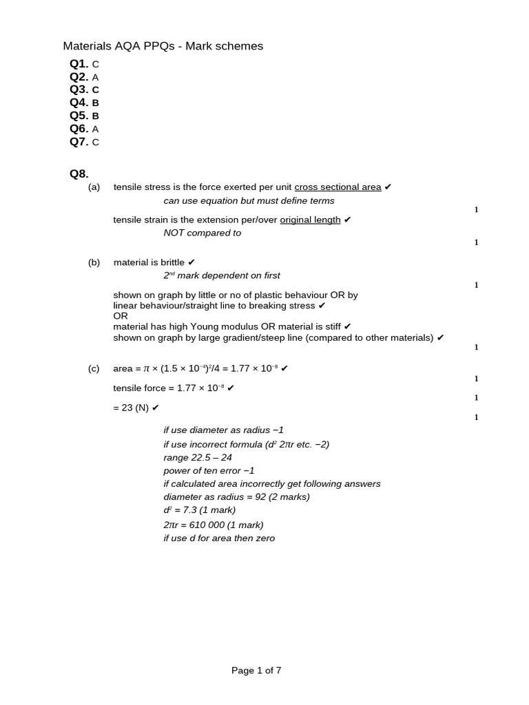 AQA PPQs Mark Schemes for Materials | PDF | Deformation (Engineering ...
