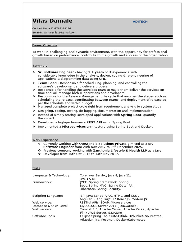 Sr. Software Engineer Resume Summary | PDF | Spring Framework | Angular Js