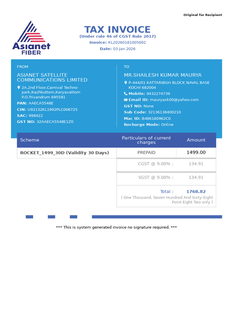 Tax Invoice for Online Recharge 1499 | PDF