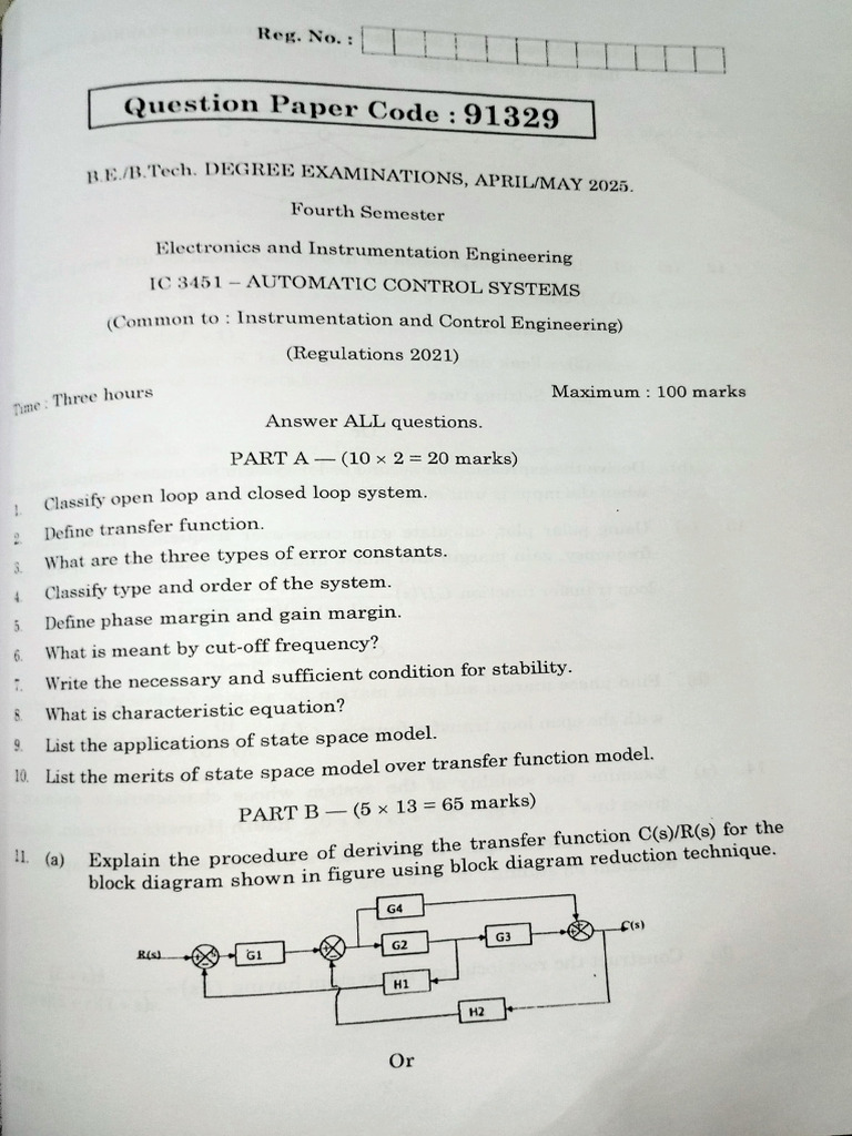 Automatic Control Systems Exam Paper | PDF | Signal Processing ...