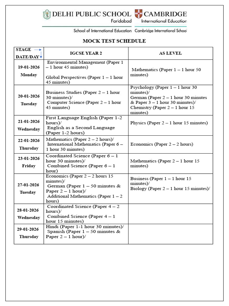 IGCSE AS Level Mock Test Schedule 2026 | PDF