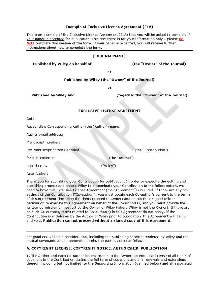 Exclusive License Agreement Sample | PDF | Copyright | Patent