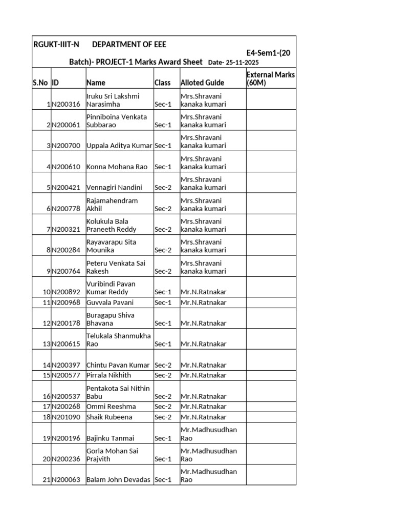 EEE Project Marks Award Sheet 2025 | PDF