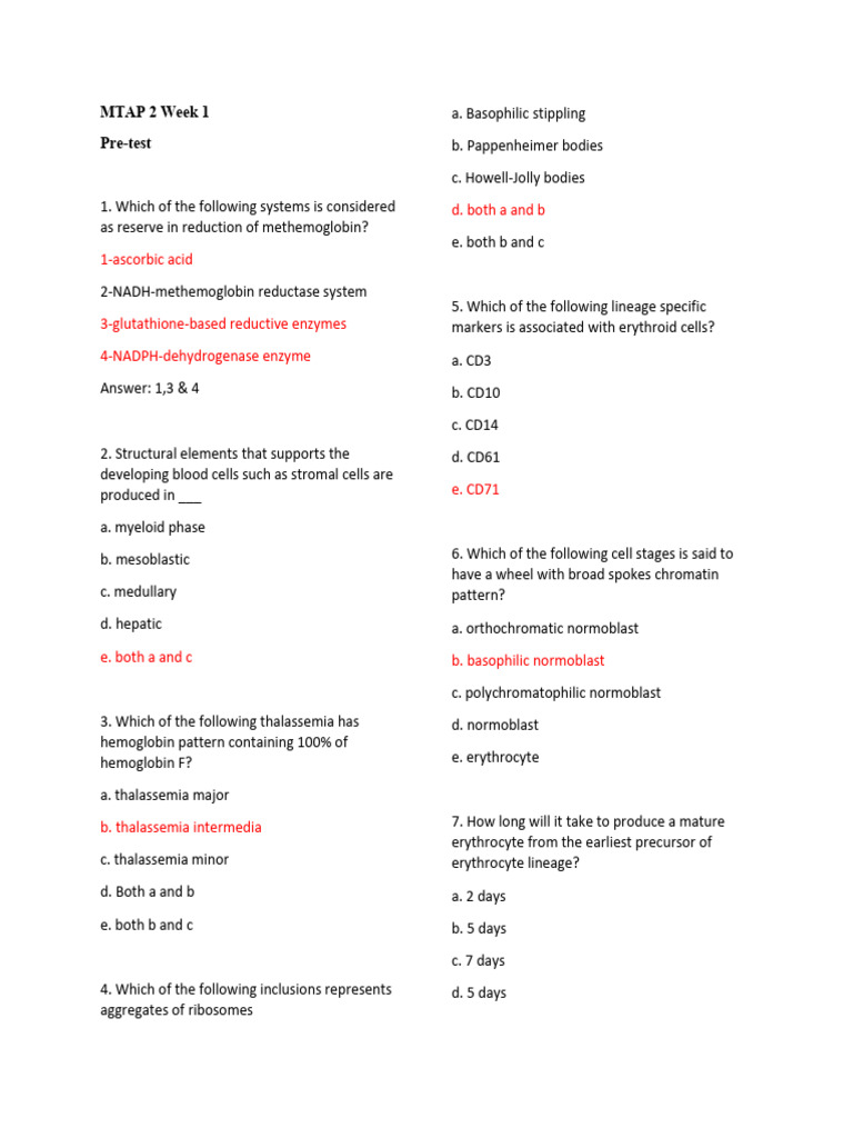 MTAP 2 Week 1 Pre/Post-Test Questions | PDF | Anemia | Coagulation