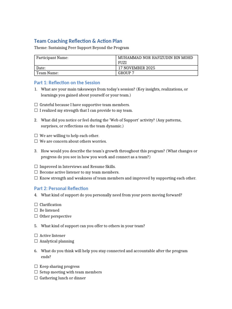 Final - Team Coaching Reflection Action Plan | PDF | Chess | Chess Theory