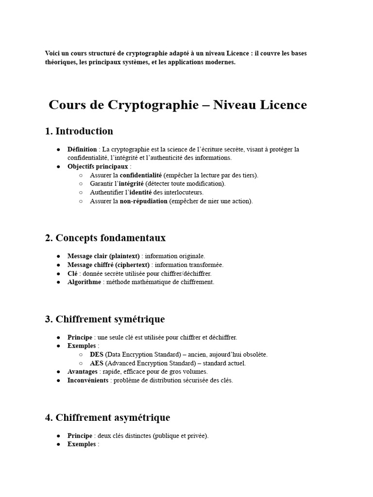 Cours de Cryptographie : Concepts et Applications | PDF | Cryptographie ...