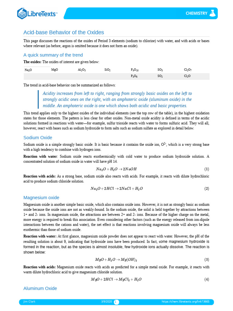 Acid-base Behavior of the Oxides | PDF | Acid | Chlorine