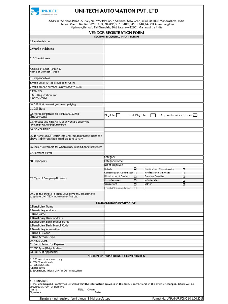 Vendor Registration Form for UNI-TECH | PDF