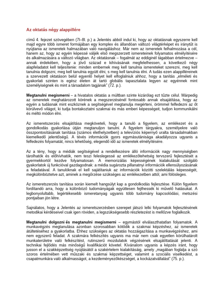 Az Oktatás Négy Alappillére | PDF