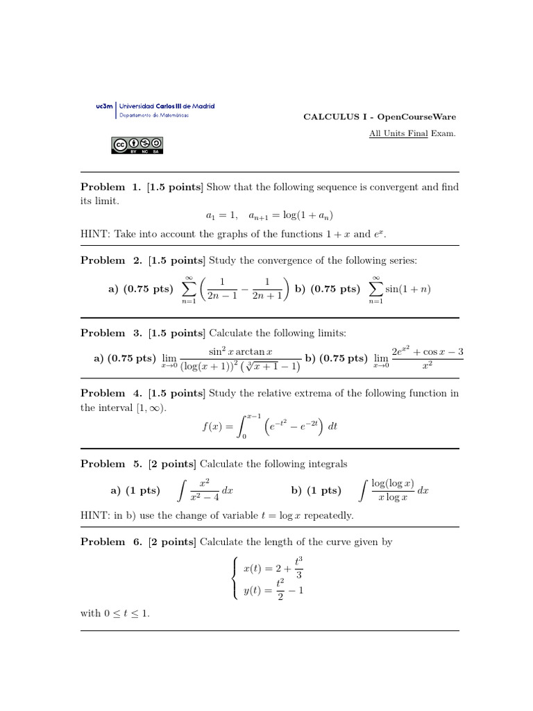 Calculus I Final Exam Solutions | PDF | Mathematical Concepts ...