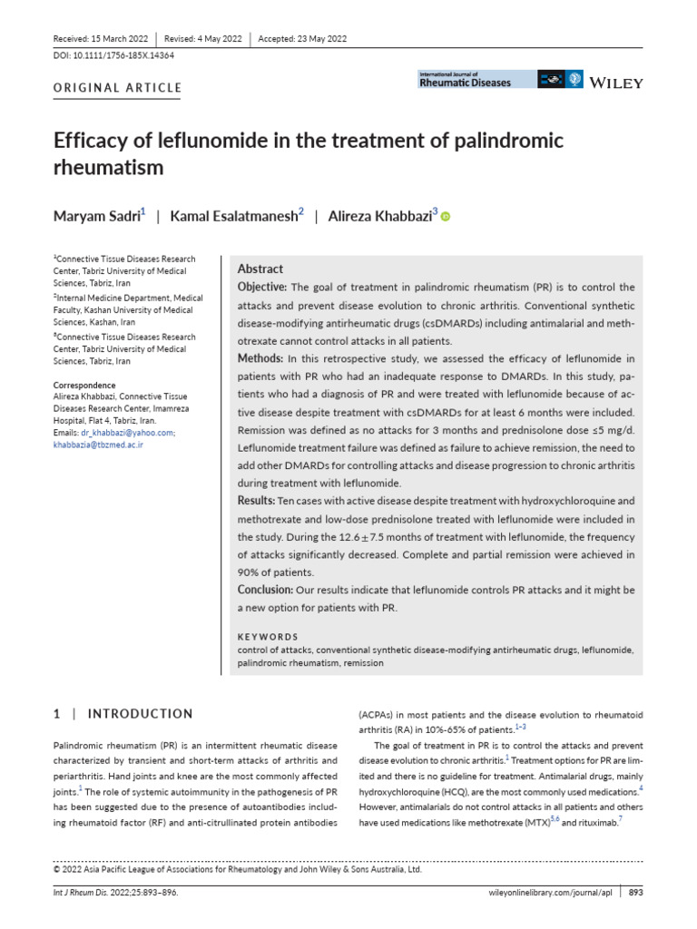 Int J of Rheum Dis - 2022 - Sadri - Efficacy of leflunomide in the ...