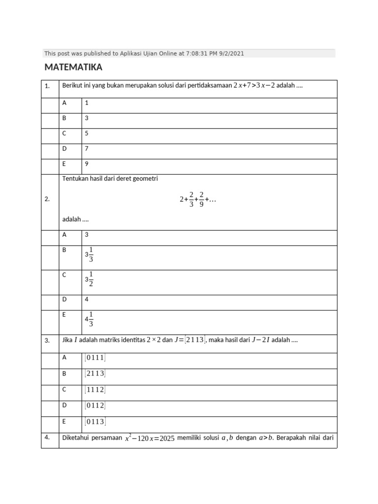 Soal Matematika Ujian Online 2021 | PDF