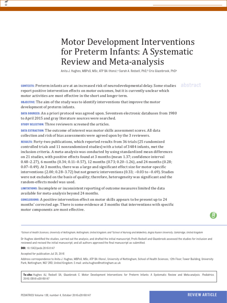 Motor Development Interventions for Preterm Infants | PDF | Meta ...