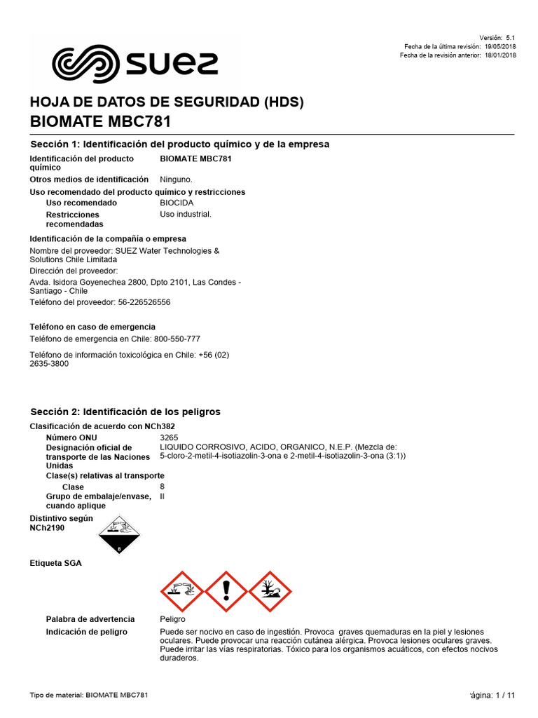 Hoja de Seguridad BIOMATE MBC781 | PDF | Residuos | Residuos peligrosos
