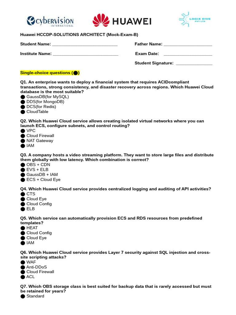 Huawei Cloud HCCDP Solutions Architect Exam | PDF | Cloud Computing ...