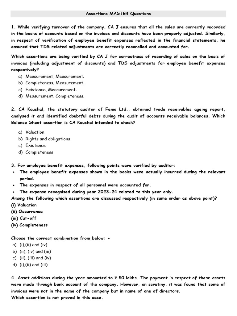 Day 1 Assertions MASTER Questions | PDF | Audit | Financial Economics