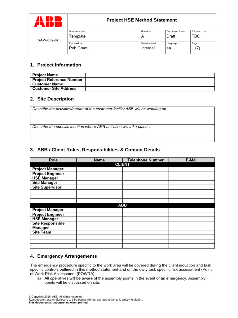 Project HSE Method Statement Template | PDF | First Aid | Personal ...