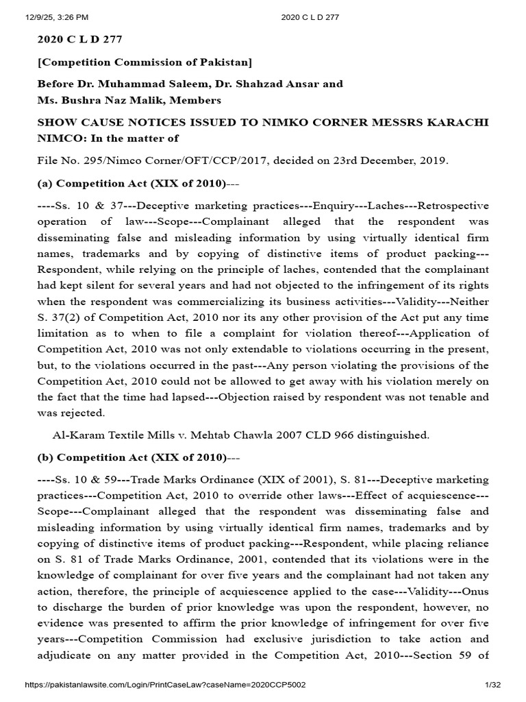 2020 C L D 277 | PDF | Trademark | False Advertising