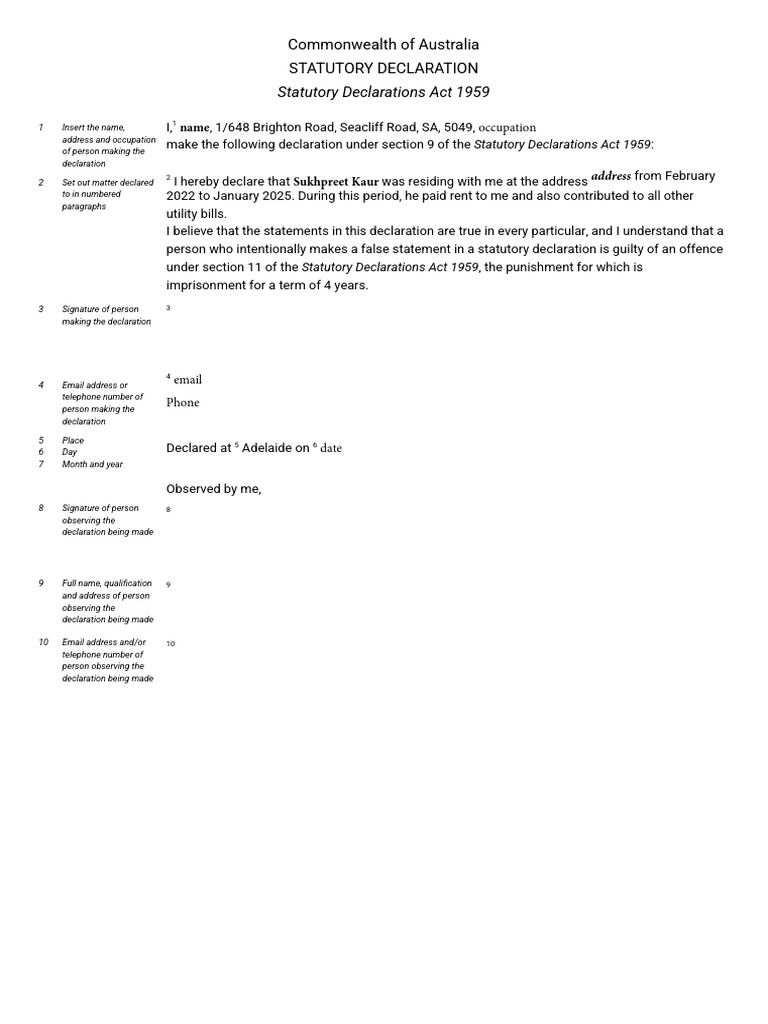 Statutory Declaration Template Australia | PDF | Marriage Act 1961 ...