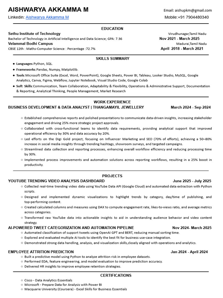 Aishwarya Akkamma: AI & Data Science CV | PDF | Analytics | Information ...